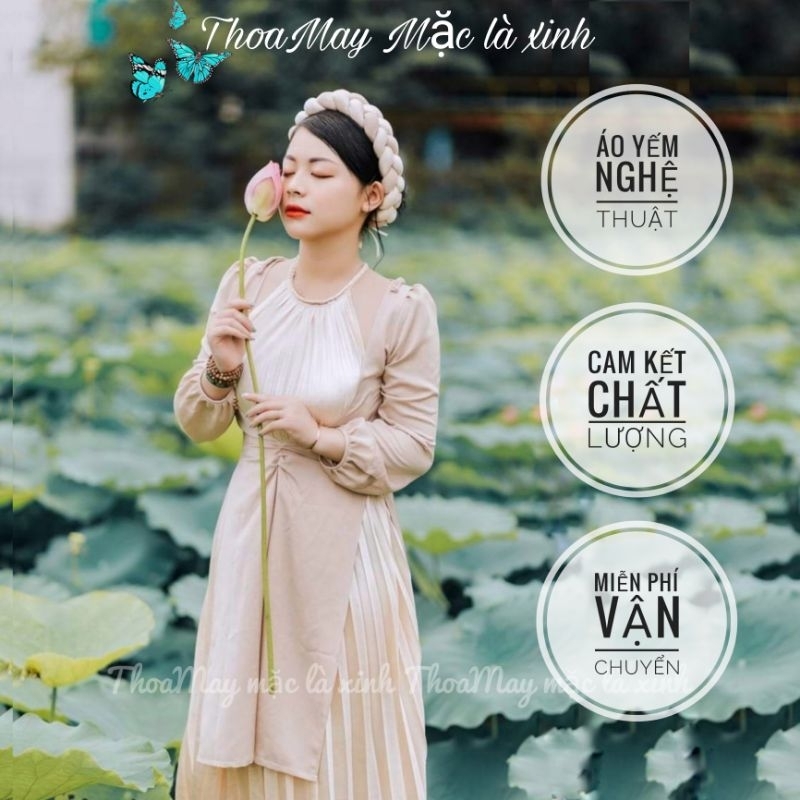 Áo yếm tết chụp hoa sen ảnh nghệ thuật trang phục biểu diễn chất liệu vải dập ly kèm áo choàng tông mầu da y04