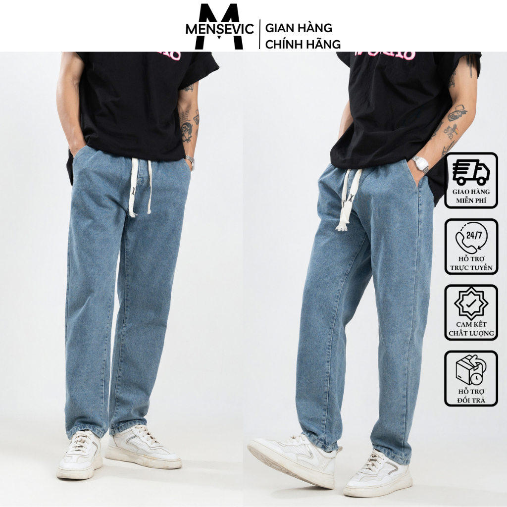 Quần Jean Nam MENSEVIC Dáng Baggy Cạp Chun Bản To Ống Rộng Chất Bò Cotton Không Co Giãn Chống Nhăn, Bền Màu HTRJ015
