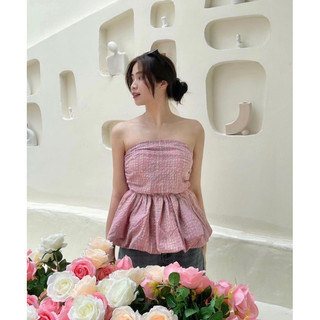 Áo quây kẻ hồng nhún eo chun lưng dáng peplum