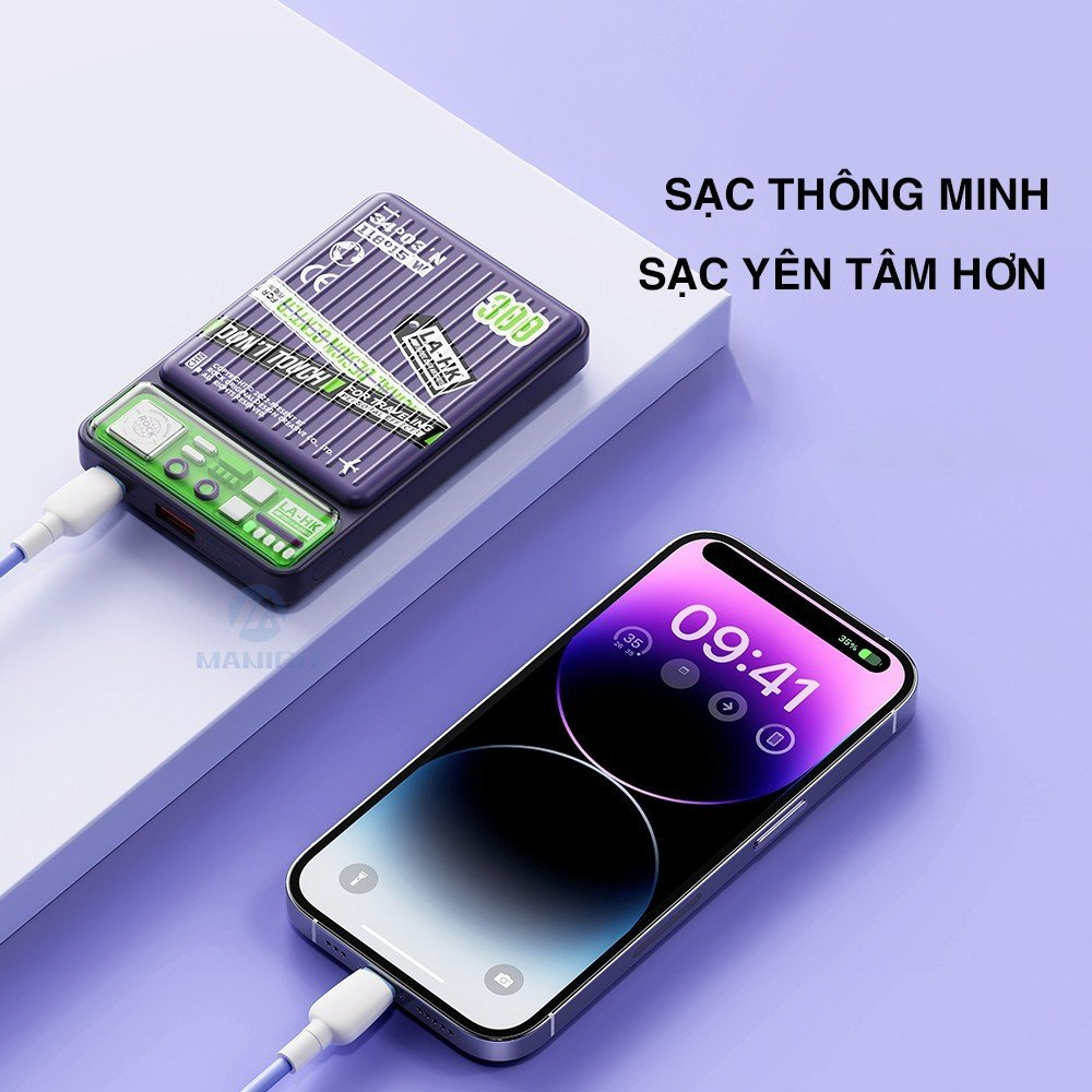 Pin dự phòng sạc nhanh PD 20W không dây từ tính magsafe Rockspace P90 10000mAh - Hàng chính hãng bảo hành 12 tháng