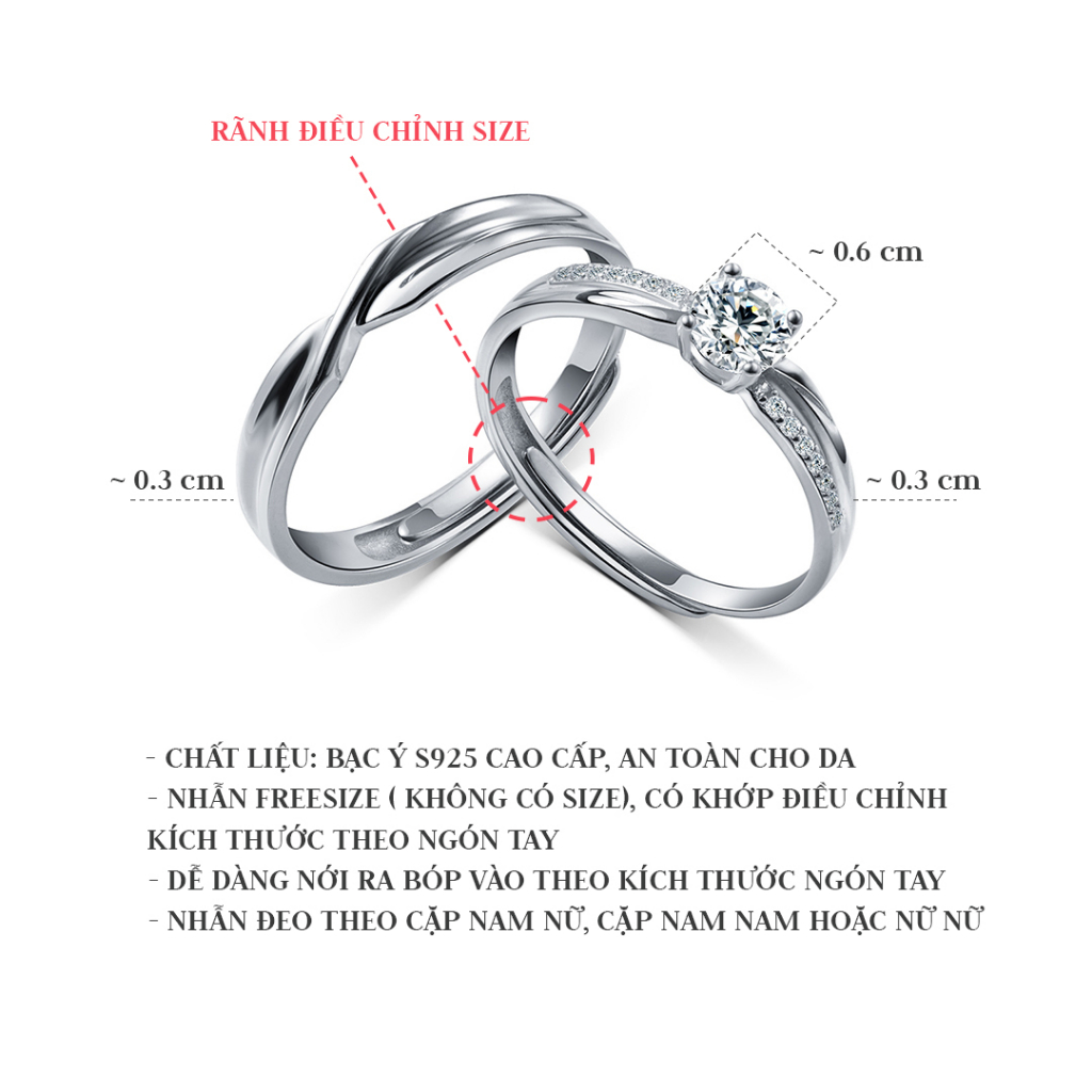 Nhẫn đôi bạc nam nữ s925 đính đá CZ cao cấp, quà tặng ý nghĩa cho các cặp đôi - ND2769 - Bảo Ngọc Jewelry