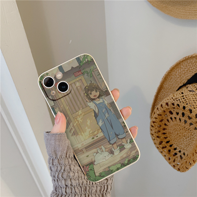 Ốp lưng iphone mềm viền vuông hình cô bé và thỏ trắng cute 14 13 12 11 Pro Max SE 2020 X XR XS 8 7 6 Plus eh2127