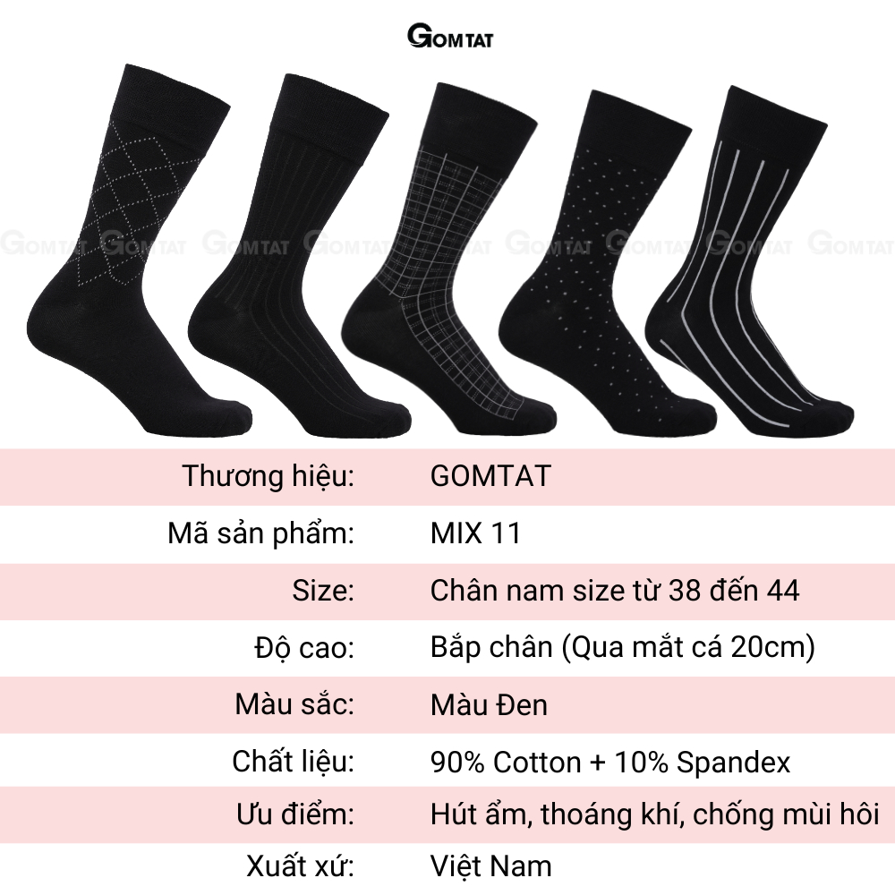 Hộp 5 đôi tất nam công sở GOMTAT mẫu MIX11, chất liệu cotton cao cấp hút ẩm, thoáng khí - GOM-MIX11-CB5