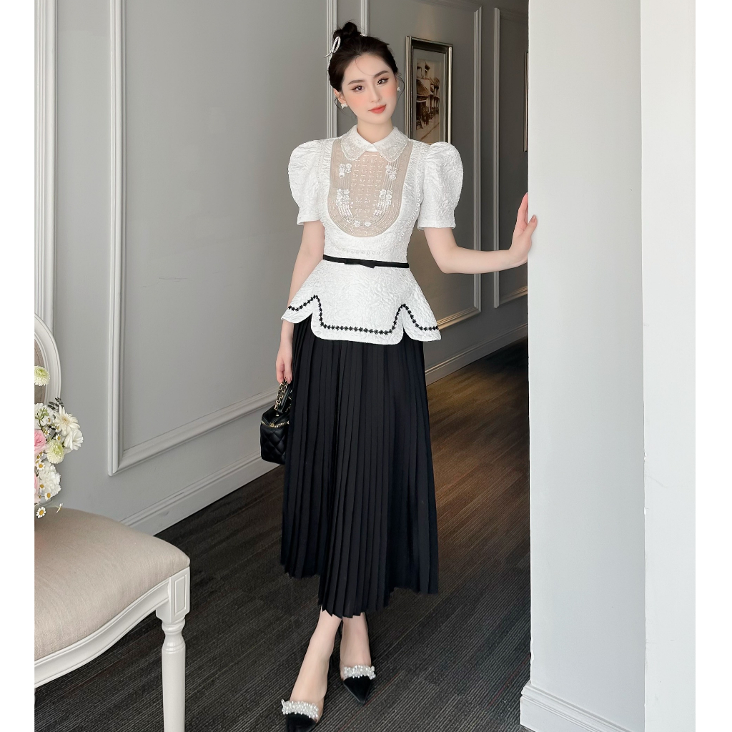 Set áo trắng tay bồng dáng peplum phối chân váy đen dập ly dáng dài thời trang thiết kế đi dự tiệc cưới sự kiện dạ hội