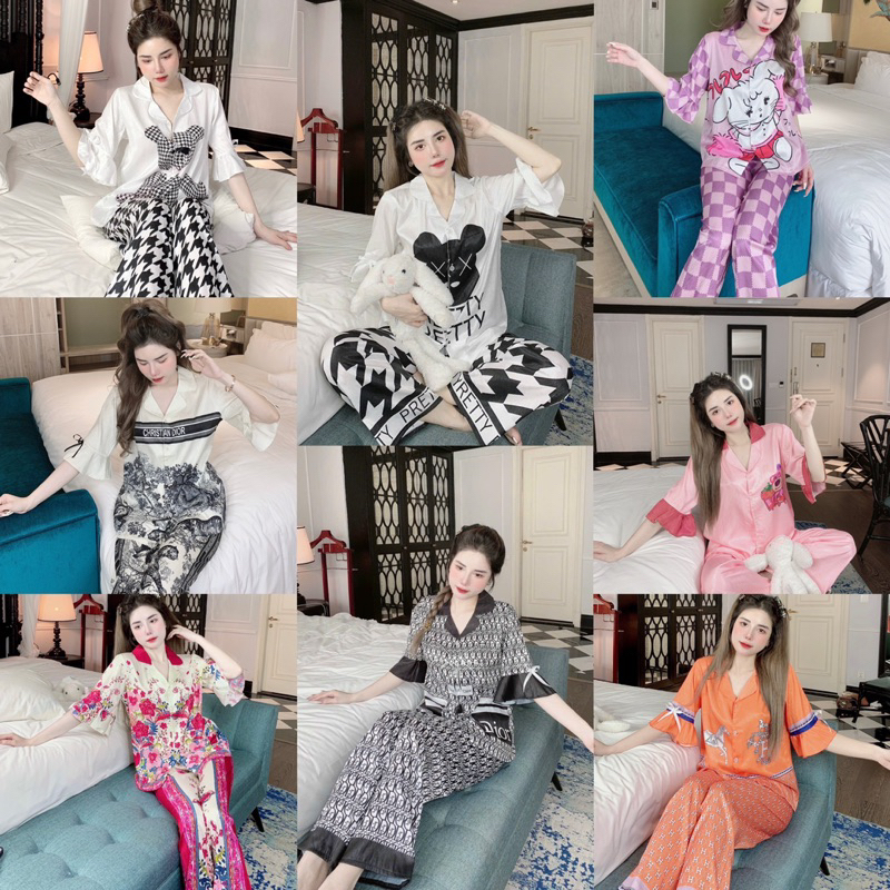 Bộ Ngủ Pijama mặc nhà lụa xước tay loe nhiều hoạ tiết xinh