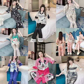 Bộ Ngủ Pijama mặc nhà lụa xước tay loe nhiều hoạ tiết xinh