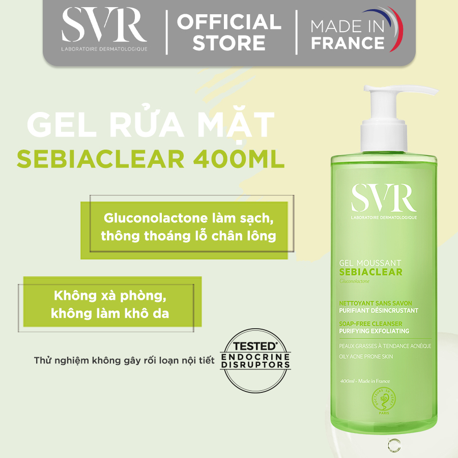 [SVRJUL1 GIẢM 12%] Gel rửa mặt không có xà phòng, làm sạch, loại bỏ tế bào da chết SVR SEBIACLEAR GEL MOUSSANT 400ml