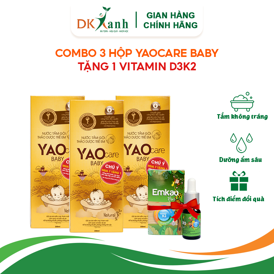 Combo 3 chai Nước tắm thảo dược Yaocare baby 250ml chai tặng 1 Emkao plus