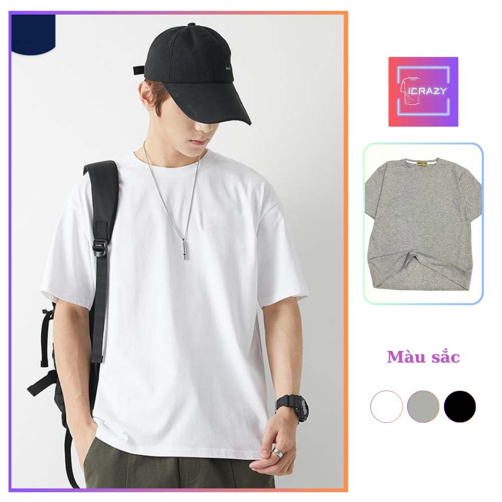Áo phông nam nữ ICRAZY, áo thun basic trơn chất cotton 100%, cổ tròn tay lỡ