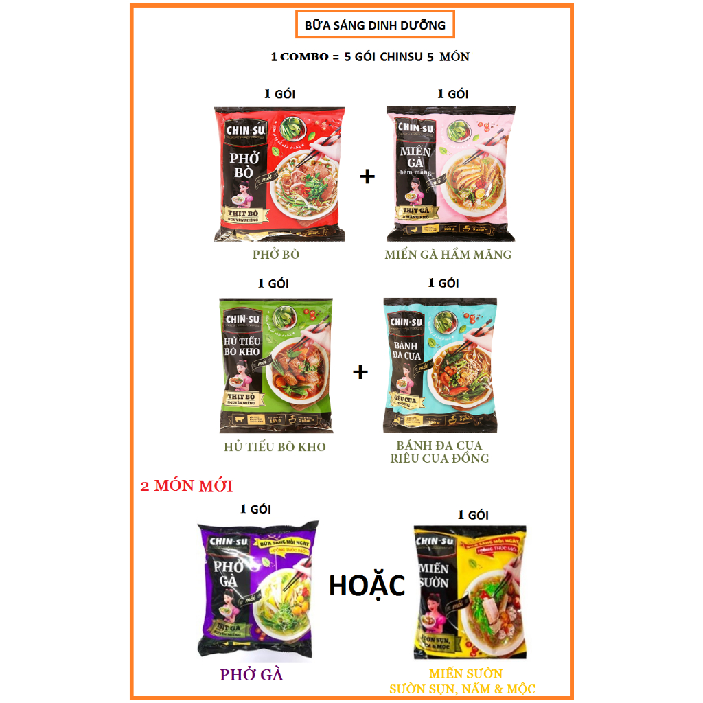 COMBO BỮA SÁNG DINH DƯỠNG CHINSU 5 MÓN: 1 GÓI (Hủ tiếu bò kho+ miến gà + Bánh đa cua +phở bò +PHỞ GÀ HOẶC MIẾN SƯỜN)