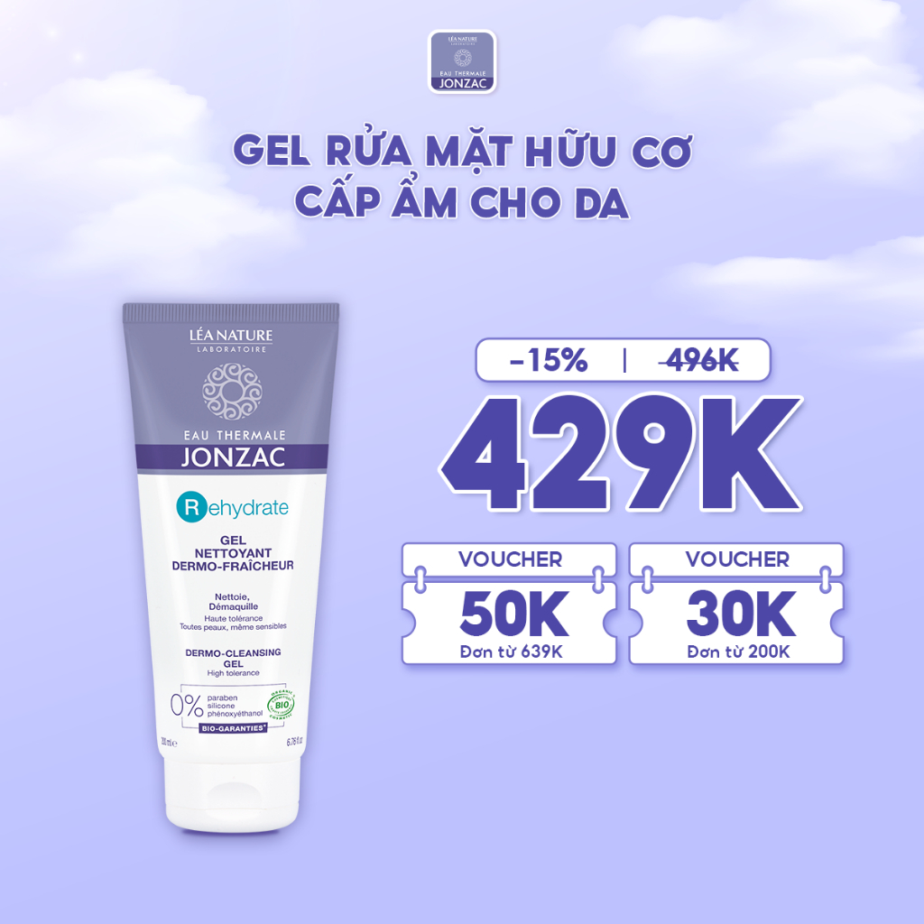Sữa Rửa Mặt Hữu Cơ Cấp Nước Dạng Gel Eau Thermale Jonzac Rehydrate Dermo Cleansing Gel 200ml
