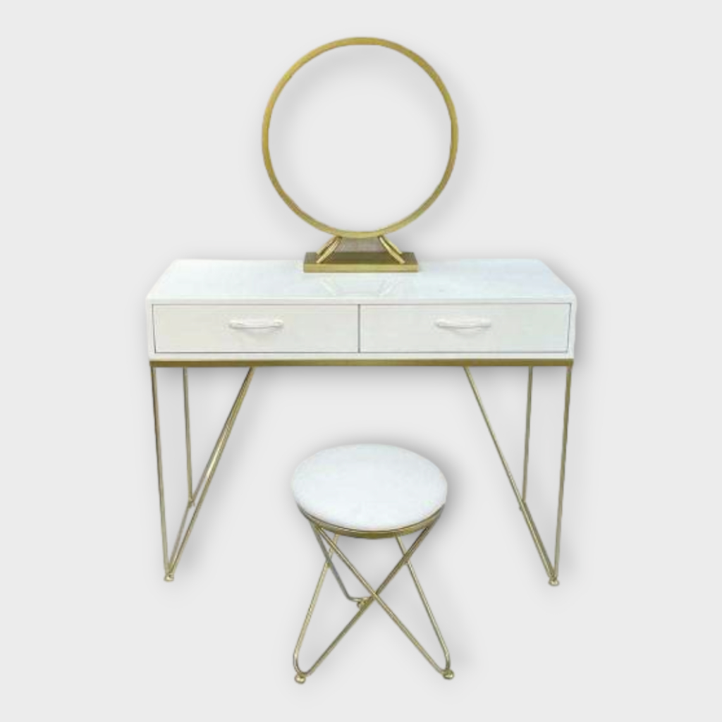 Bộ bàn trang điểm phòng ngủ 2 ngăn kéo IBIE Mimi có gương tròn, mặt gỗ MDF sơn PU, chân sắt sơn tĩnh điện