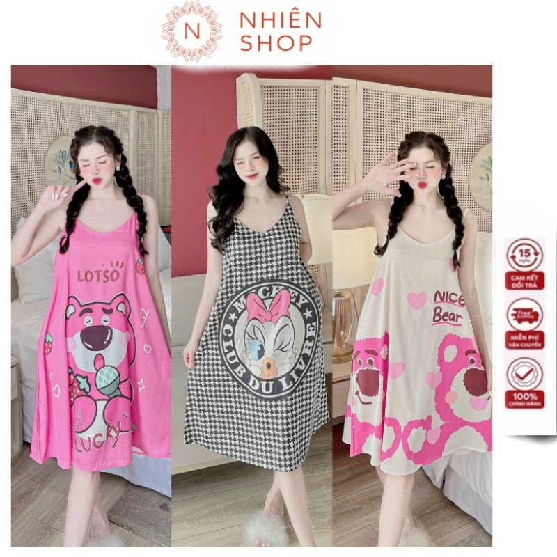 Đầm ngủ 2 dây Lụa xước siêu mềm mịn và thoải mái - bầu bí bon chen được