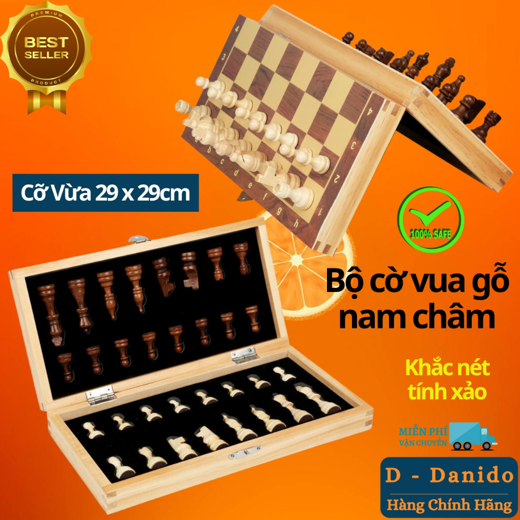 Cờ vua gỗ cao cấp cỡ vừa 29x29cm - Bộ cờ vua bằng gỗ thông tự nhiên có chọn loại nam châm chính hãng D Danido