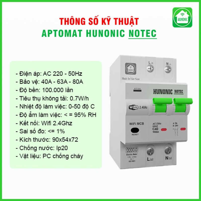 Aptomat Đo Năng Lượng Hunonic Notec Theo Dõi Lượng Điện Tiêu Thụ Điều Khiển Từ Xa Qua Wifi Hàng Việt Nam Chất Lượng Cao