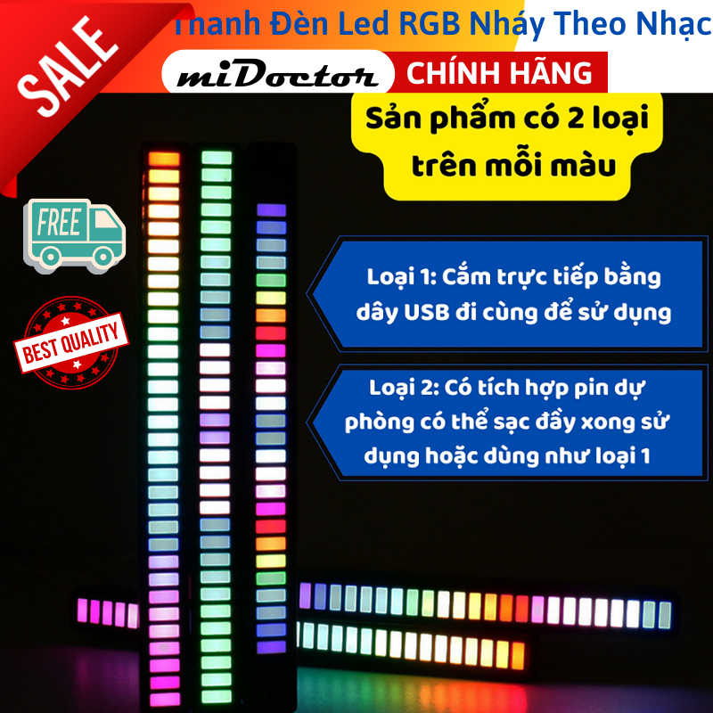 Thanh Đèn Cảm Biến Âm Thanh LED RGB Tích Hợp Cổng USB 5V-2A/ có pin dự trữ Cảm Biến Âm Thanh chính hãng miDoctor