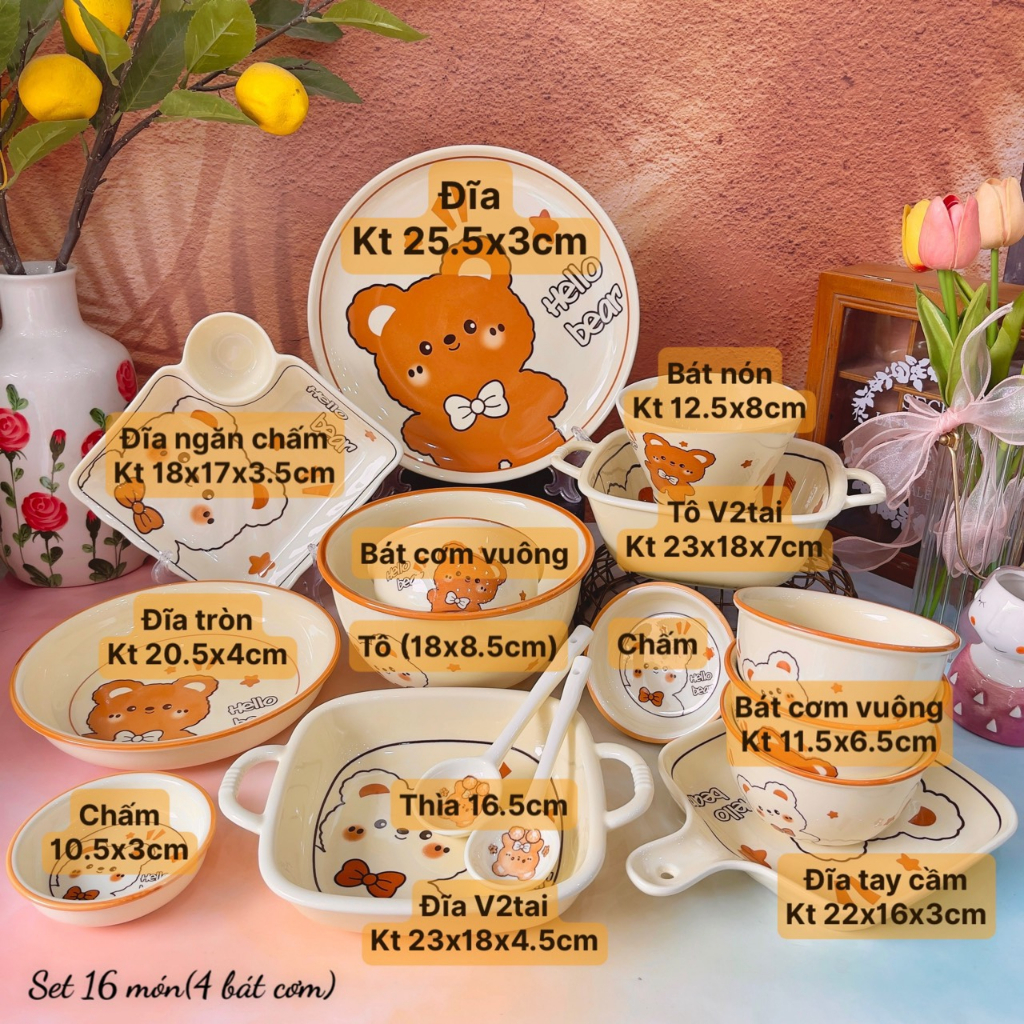 Bát đĩa sứ decor, Chén ăn cơm Sét bát dĩa gấu kem siêu xinh cho Gia đình bé