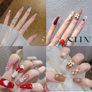 Móng tay giả đính đá, đính nơ kèm keo, Bộ 24 móng tay giả dài nhọn, Nail box, Nail xinh. Naillbox đính đá đẹp