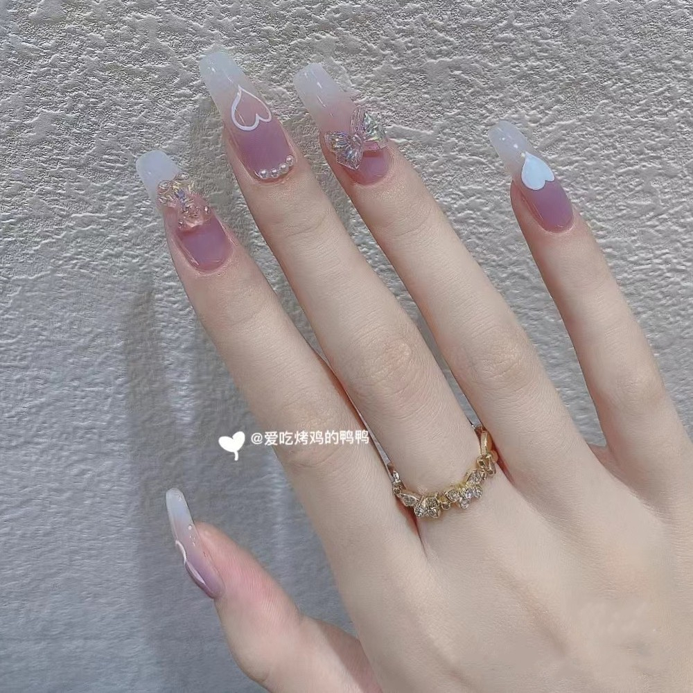 Móng tay giả đính đá, đính nơ kèm keo, Bộ 24 móng tay giả dài nhọn, Nail box, Nail xinh. Naillbox đính đá đẹp