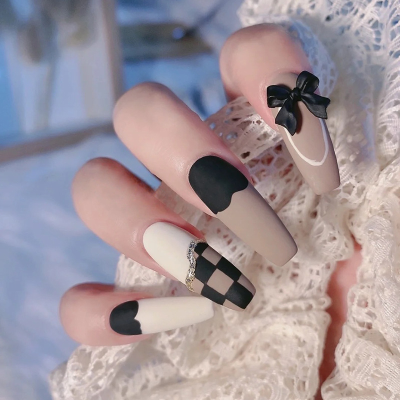 Móng tay giả đính đá, đính nơ kèm keo, Bộ 24 móng tay giả dài nhọn, Nail box, Nail xinh. Naillbox đính đá đẹp