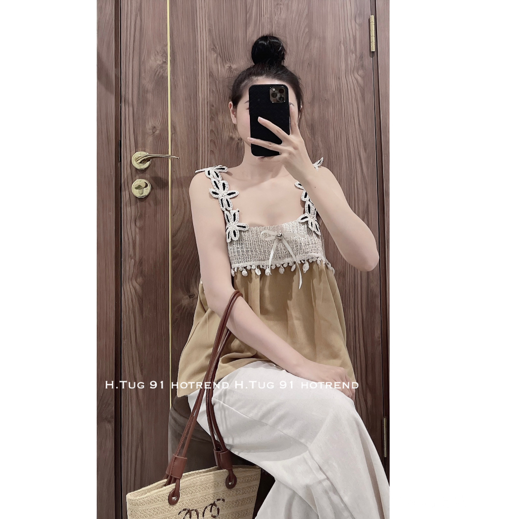 Set Bộ Đũi Đi Biển Áo 2 Dây Đính Hoa Phối Ren Babydoll Mix Quần Ống Rộng 2 Màu Xanh Than, Nâu Hot Hit 2023