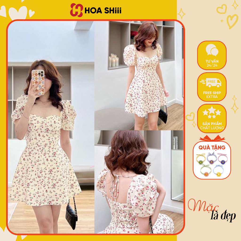Váy hoa nhí tay bồng cổ vuông dáng xoè siêu xinh phong cách tiểu thư Hàn Quốc sẵn hàng kèm video
