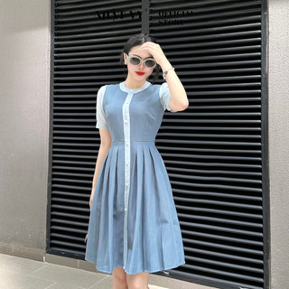 Đầm công sở Nhật V cổ tròn đính cúc tay lửng xếp ly dáng xòe chất bố xước phù hợp đi chơi dạo phố sang chảnh - D2758