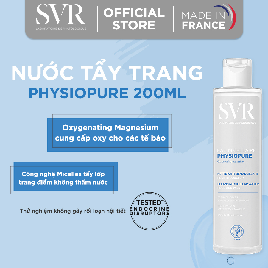 Nước tẩy trang giúp làm sạch da mặt, dùng được cho cả mắt và môi SVR PHYSIOPURE Eau Micellaire 200ml