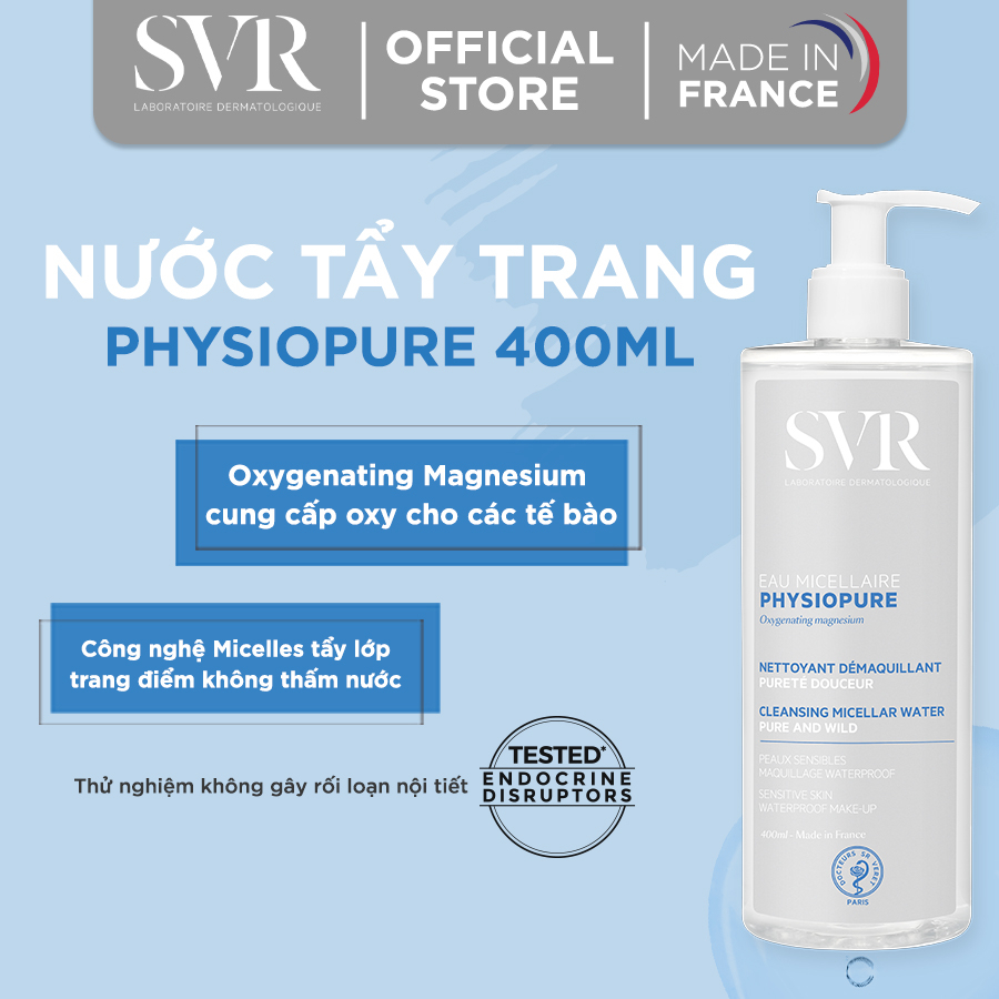 Nước tẩy trang giúp làm sạch da mặt dùng được cho cả mắt và môi SVR PHYSIOPURE Eau Micellaire 400ml