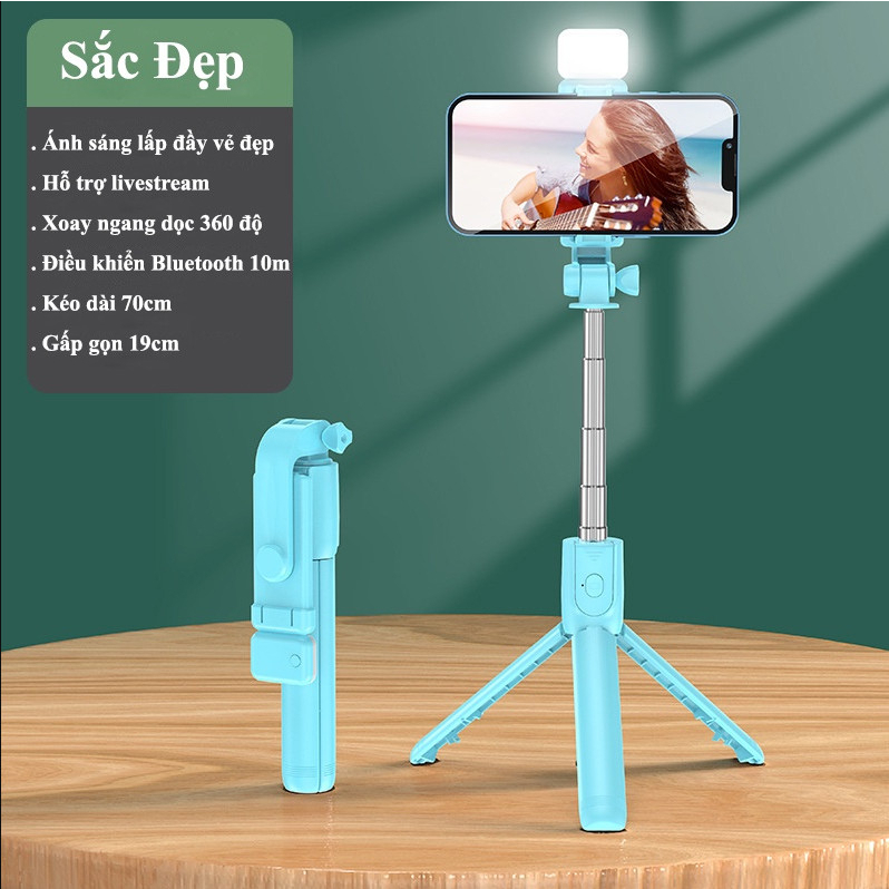 Gậy chụp ảnh 3 chân kèm remote, có đèn led trợ sáng - Gậy tự sướng selfie chụp hình điều khiển từ xa xoay nhiều góc độ