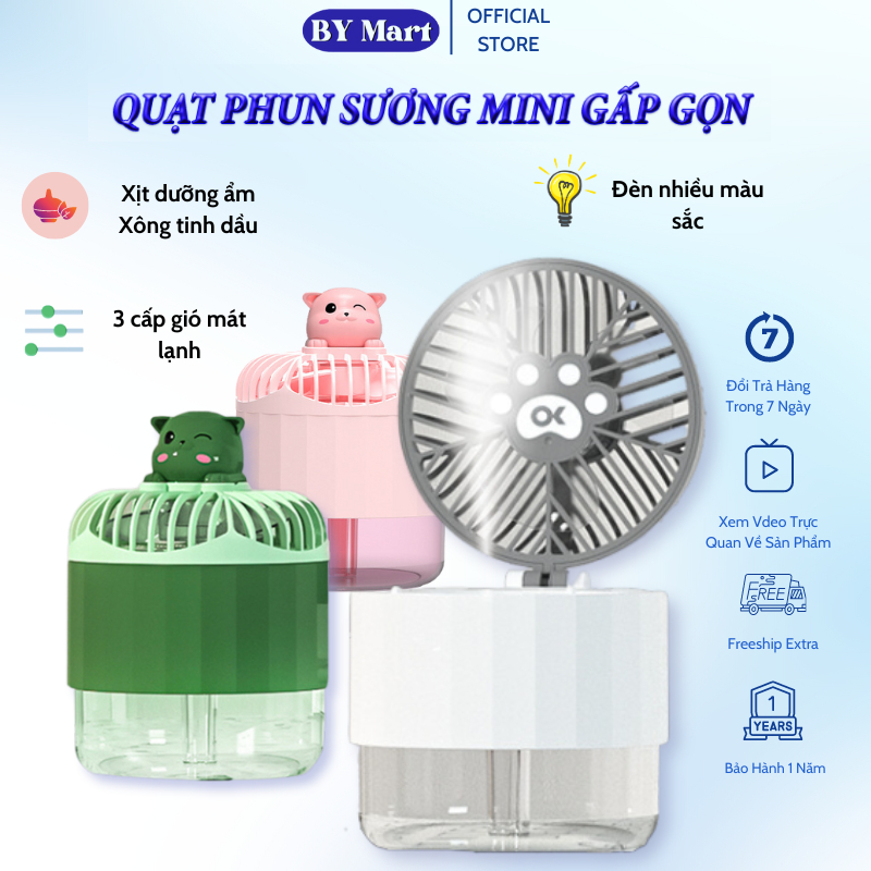 Quạt phun sương mini gấp gọn, quạt tạo ẩm kết hợp đèn ngủ nhiều màu pin sạc 1500mAh 3 cấp độ gió siêu mát bảo hành 12 th