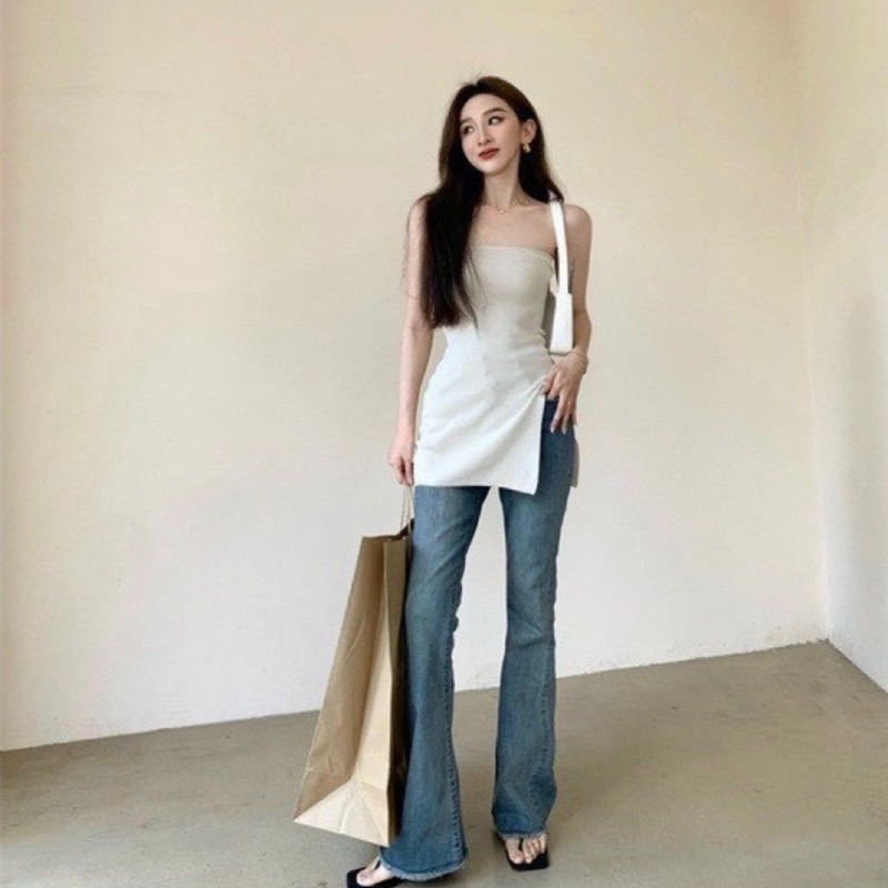 Áo ống nữ dáng dài xẻ tà ôm sexy chất thun cotton màu trơn đơn giản -Chocomy Shop