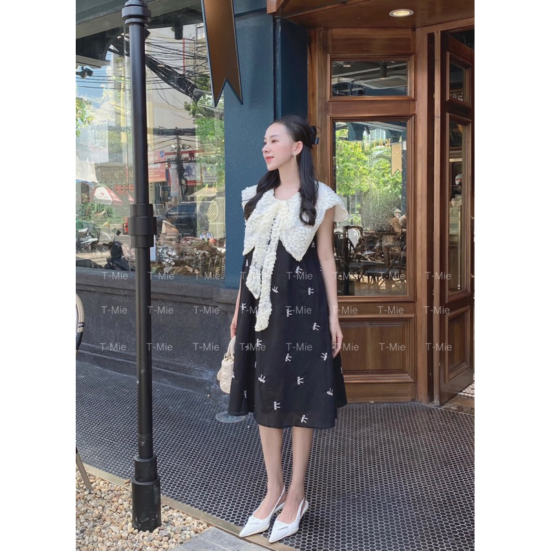 T-Mie | Đầm Bầu Thiết Kế Cổ Thêu Hoa Nổi Form Suôn Xinh Công Sở Đi Tiệc Đẹp ,MD4850