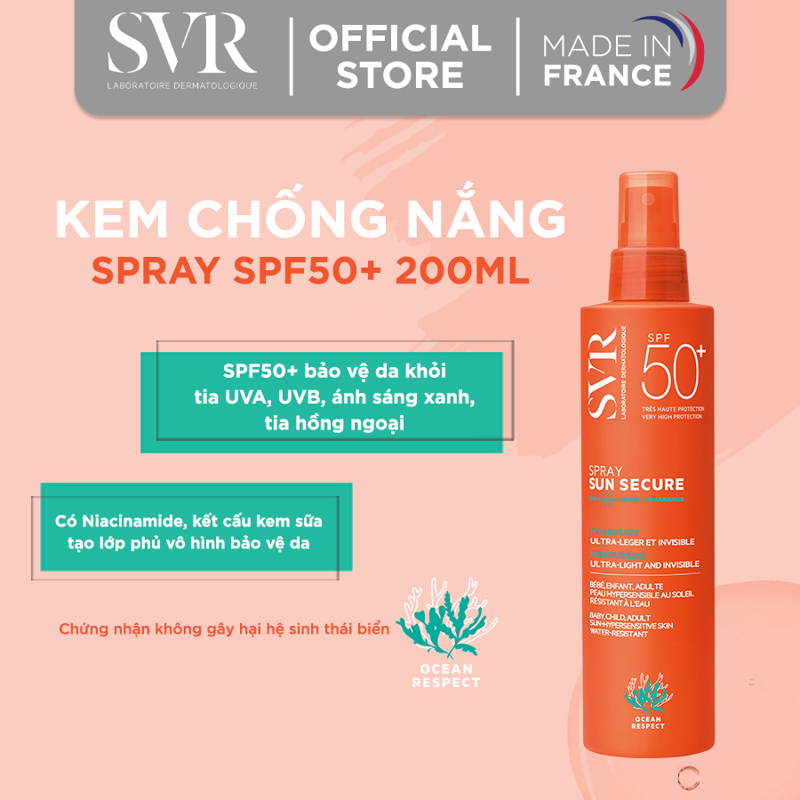 [Nhập SVRV50K giảm 50K] Chống nắng dạng xịt SVR SUN SECURE Spray SPF50+ 200ml