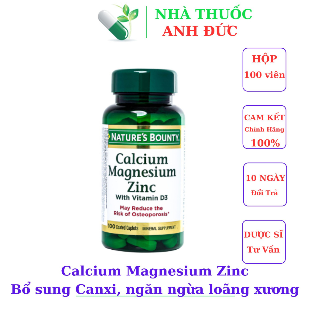 Calcium Magnesium Zinc Bổ sung Canxi, ngăn ngừa loãng xương D3 lọ 100 viên nén Nature’s Bounty Mỹ [Chính Hãng]