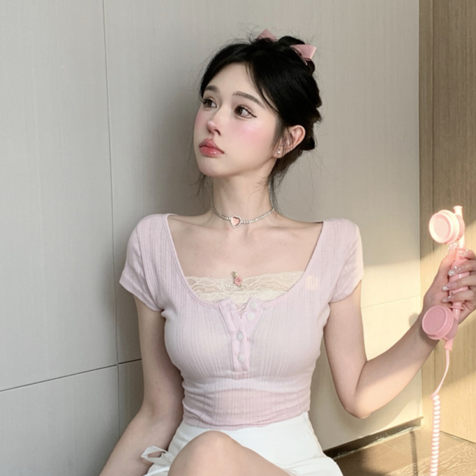 Áo thun gân croptop dáng ôm body phối ren cổ chữ U thời trang gợi cảm phong cách Hàn Quốc