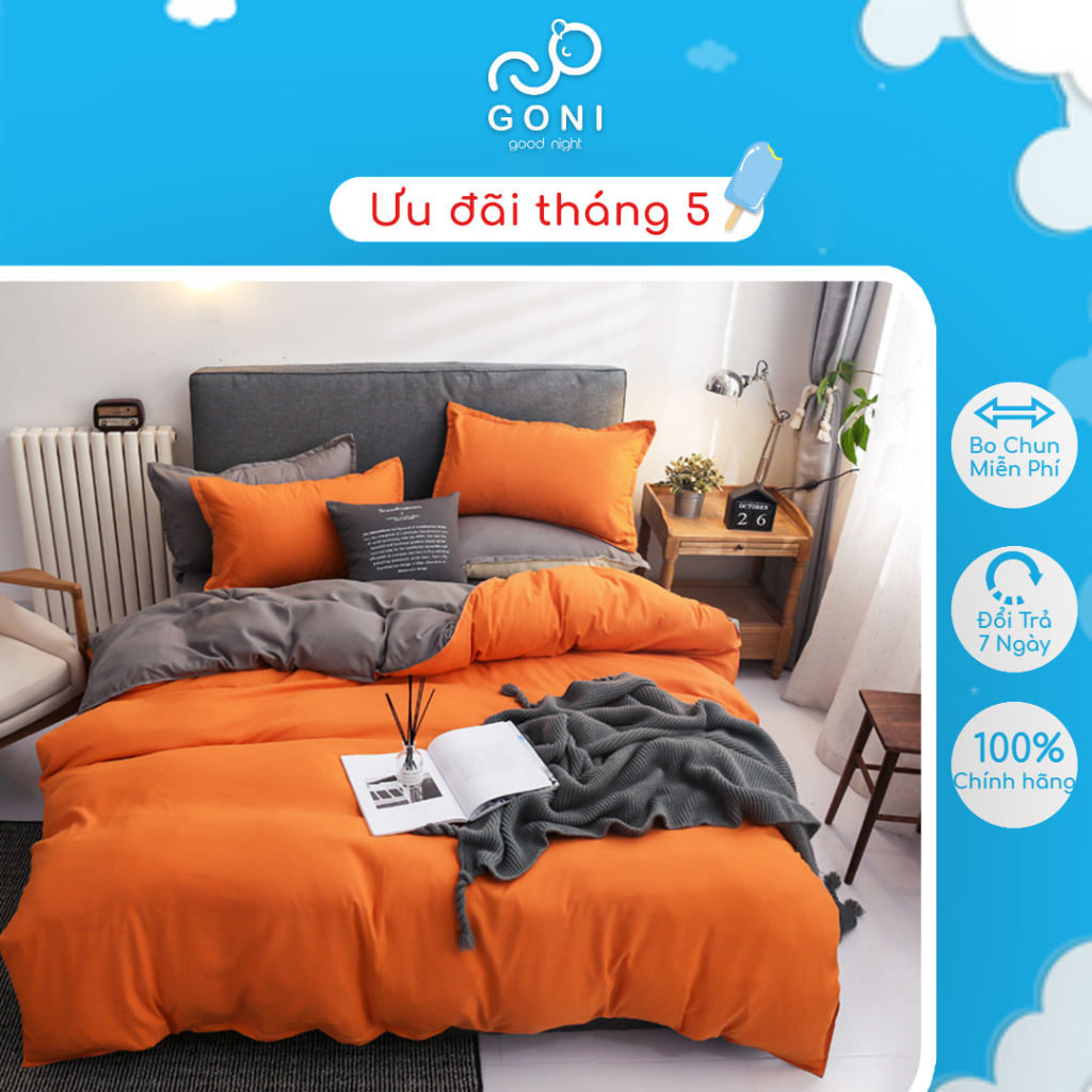 Bộ Chăn Ga Gối Cotton Tici GONI Drap Giường Phối Màu Cam Xám Đủ Kích Thước Trải Nệm Không Kèm Ruột