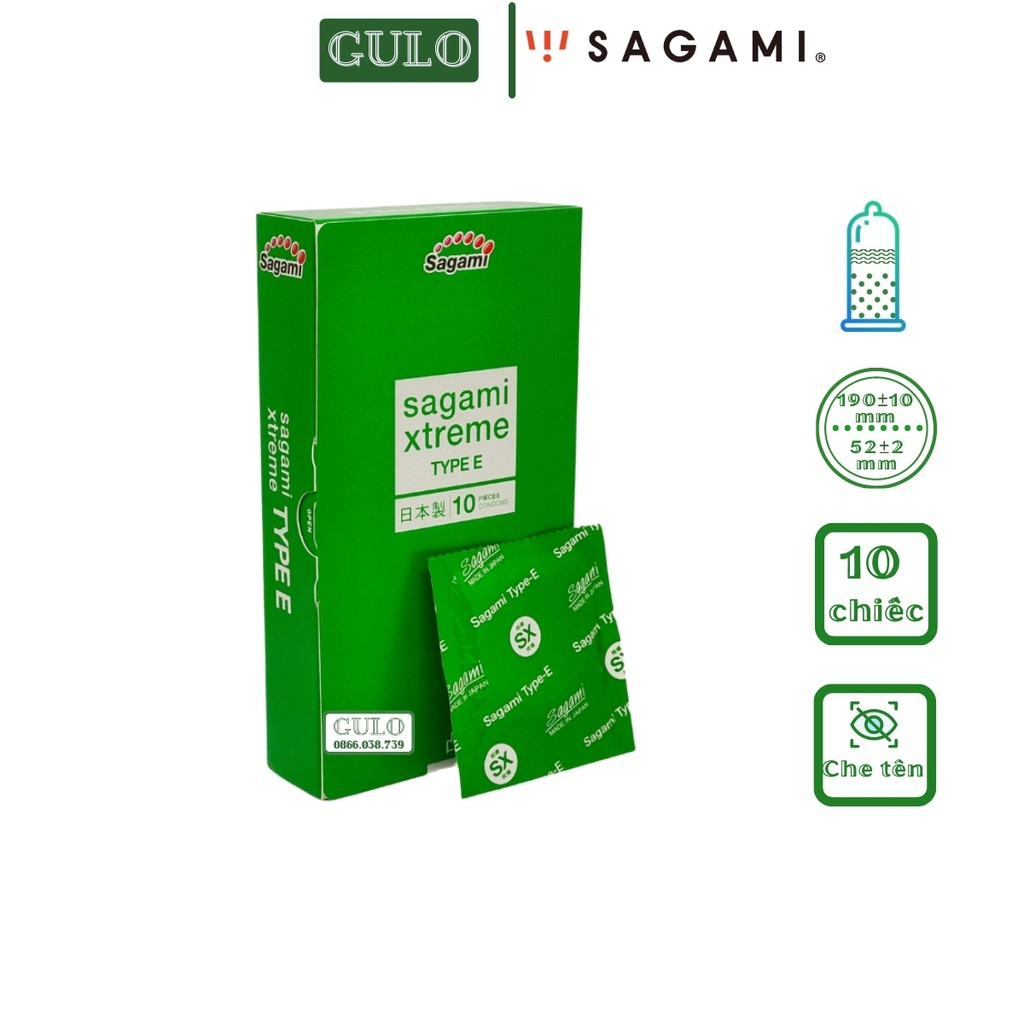 Bao cao su Gân Gai Sagami Green, bcs gân gai kéo dài thời gian XTREME TYPE E hộp 10c - Habiphar