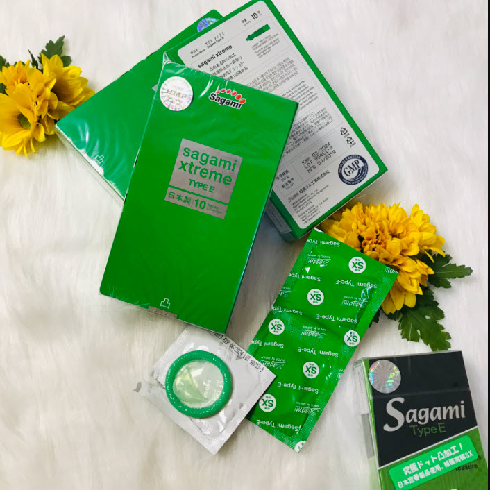 Bao cao su Gân Gai Sagami Green, bcs gân gai kéo dài thời gian XTREME TYPE E hộp 10c - Habiphar