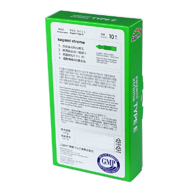 Bao cao su Gân Gai Sagami Green, bcs gân gai kéo dài thời gian XTREME TYPE E hộp 10c - Habiphar