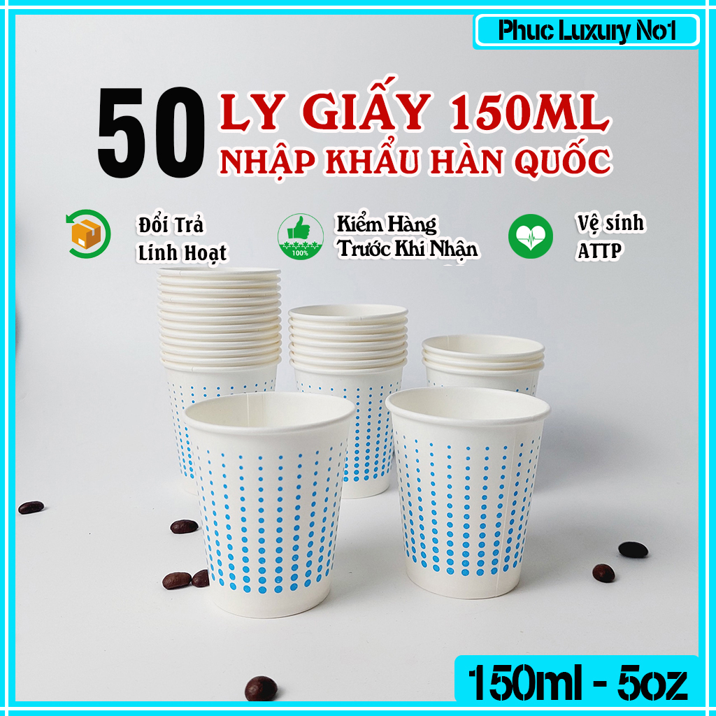 50 ly giấy dùng 1 lân 150ml - 5oz chấm bị xanh cốc giấy NHẬP KHẨU HÀN QUỐC