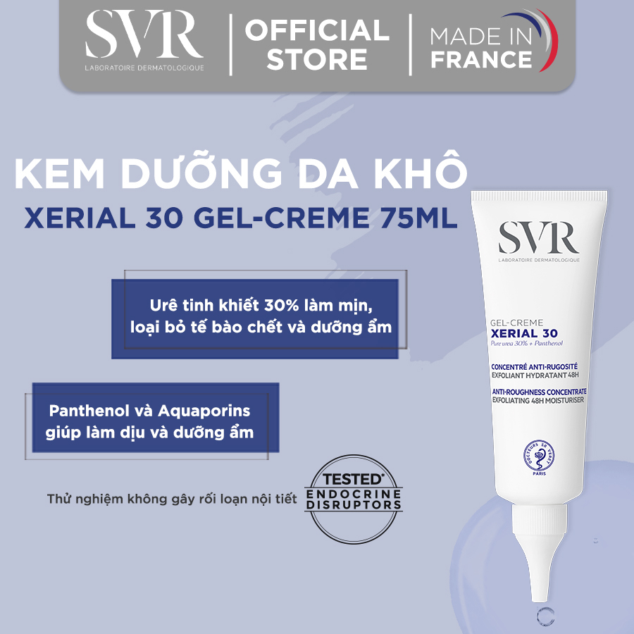 Kem dưỡng da toàn thân dành cho da rất khô, giúp giữ ẩm da; da vùng cánh tay, khuỷu tay SVR XERIAL 30 GEL-CREME 75ml