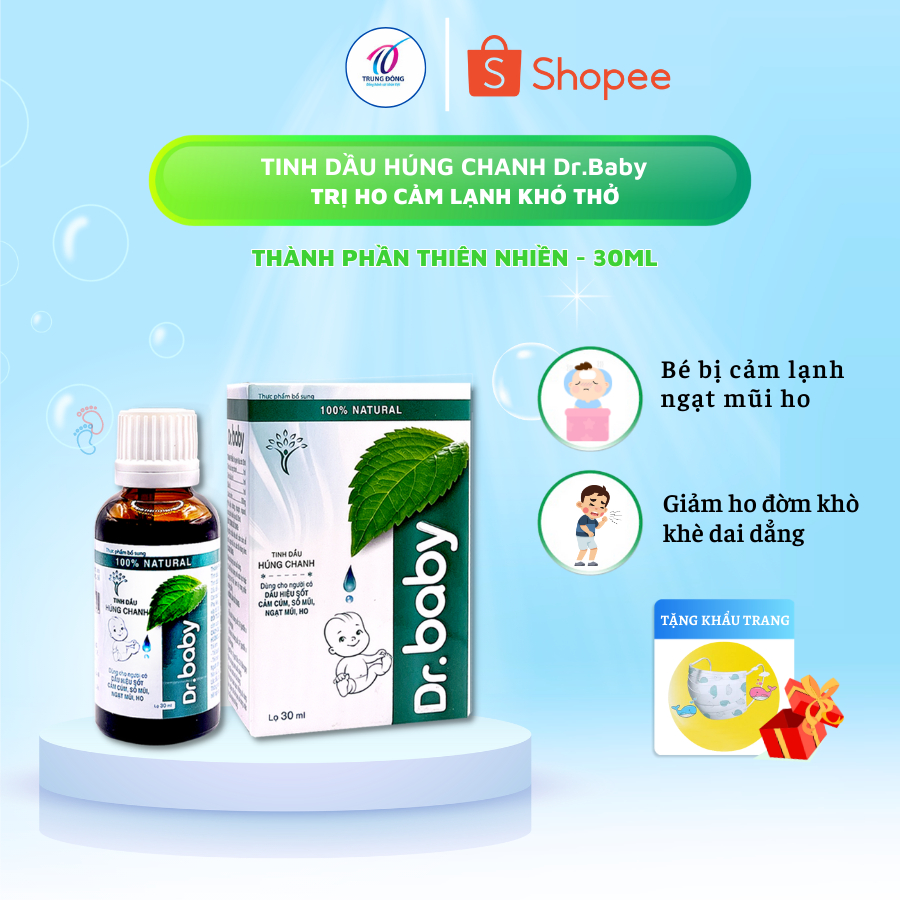 Tinh dầu húng chanh Dr.Baby giảm ho cảm lạnh sổ mũi nghẹt mũi tăng sức đề kháng cho bé lọ 30ml