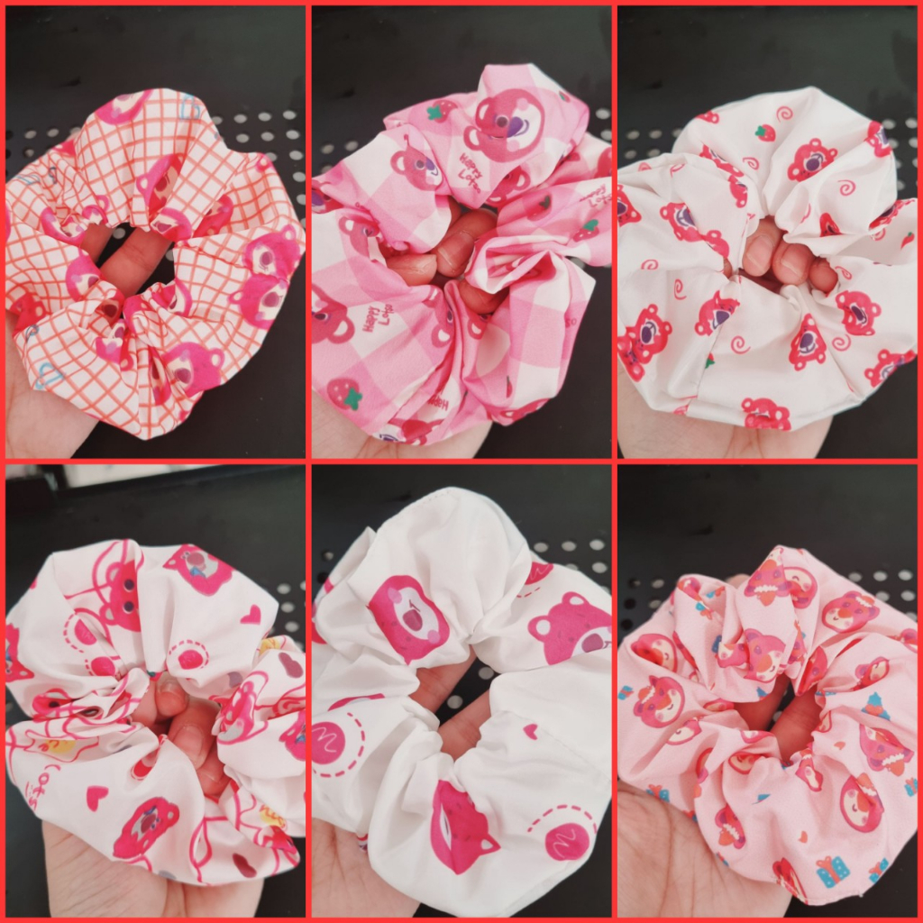 Combo cột tóc Scrunchies gấu dâu lotso, bút viết, charm