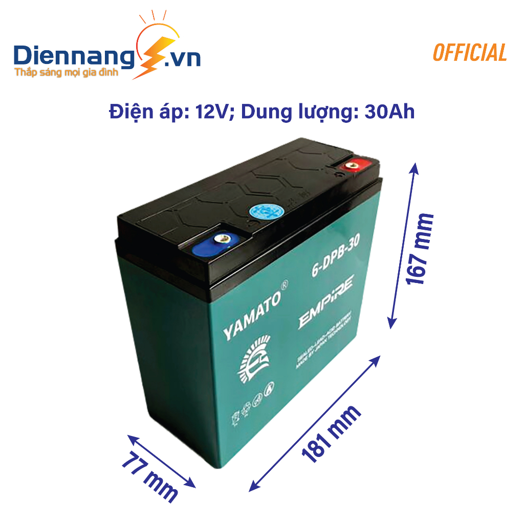 Ắc Quy Xe Máy Điện Yamato 6-DPB-30 (12V-30Ah), Bình acquy 12V 30Ah cho Xe Máy Điện, UPS, Loa kéo, NLMT,.. - ĐIỆN NĂNG