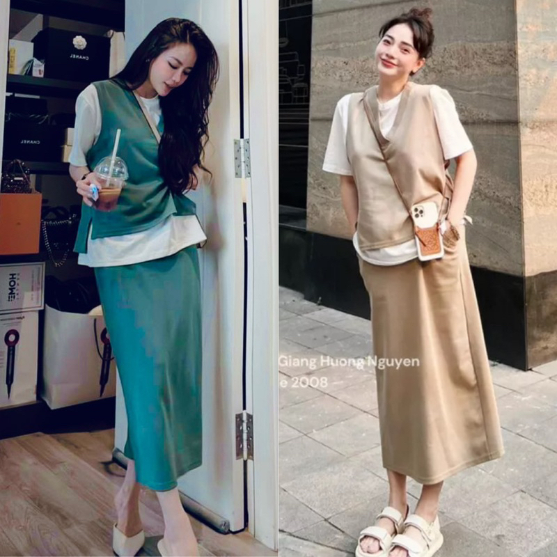 Set áo thun trắng + croptop ghile + chân váy midi suông