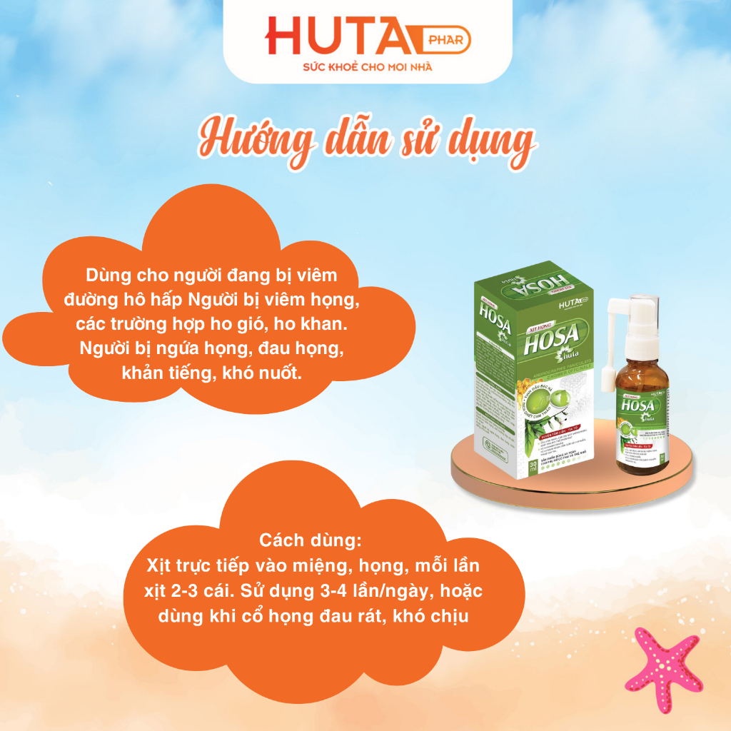 Xịt họng HOSA HUTA PHAR- lọ 30ml, chứa tinh dầu bạc hà, cảm thảo giúp làm dịu mát miệng họng