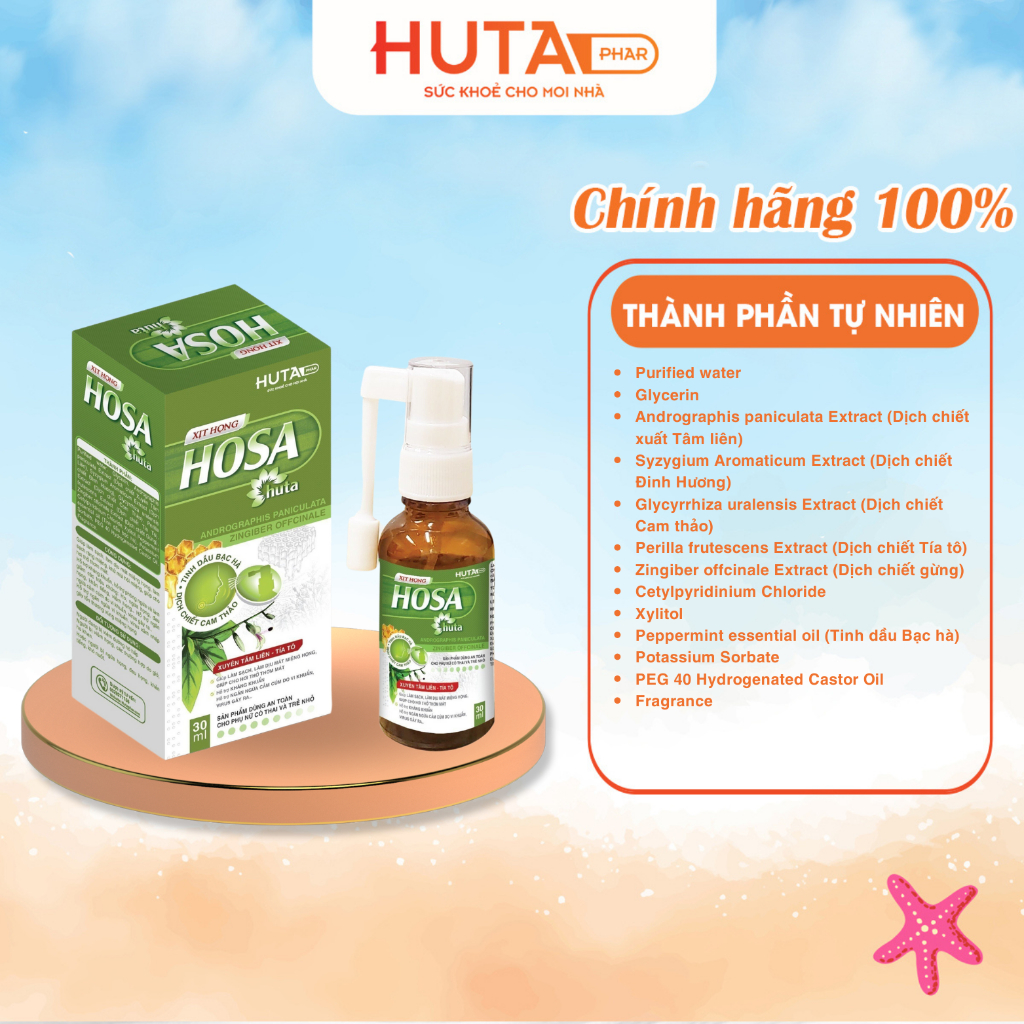Xịt họng HOSA HUTA PHAR- lọ 30ml, chứa tinh dầu bạc hà, cảm thảo giúp làm dịu mát miệng họng