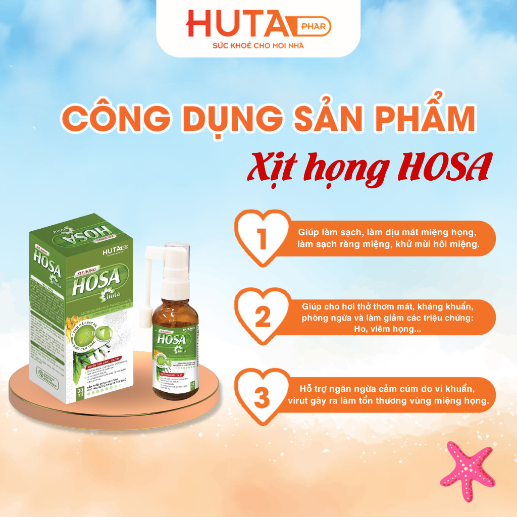 Xịt họng HOSA HUTA PHAR- lọ 30ml, chứa tinh dầu bạc hà, cảm thảo giúp làm dịu mát miệng họng