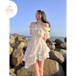 Đầm nữ trễ vai nhún bèo chân váy vạt chéo by 09 STORE